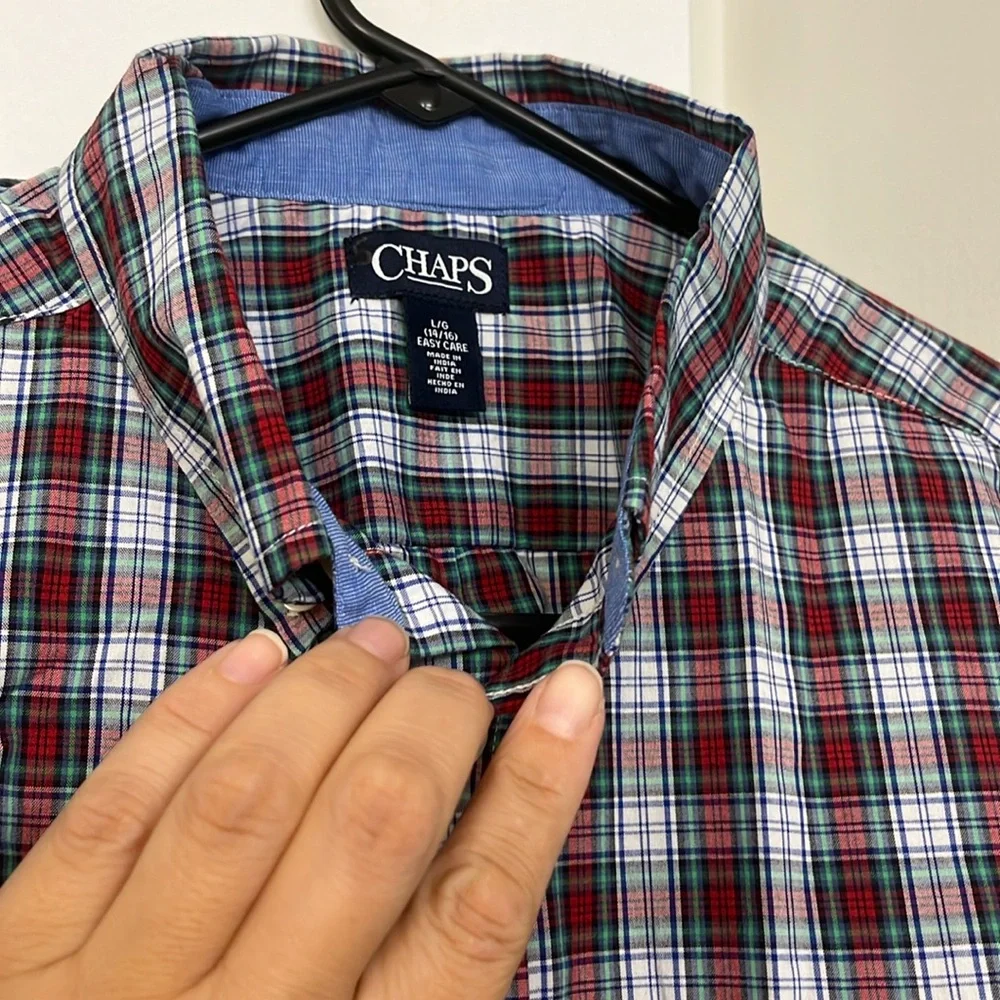 CHAPS NEW Red Green White Plaid Formal Long Sleeve Botton Down Shirt Boys Size L